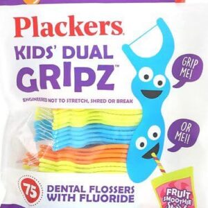Plackers – Kids’ Dual Gripz – 75 Dental Flossers With Fluoride – Fruit Smoothie Swirl