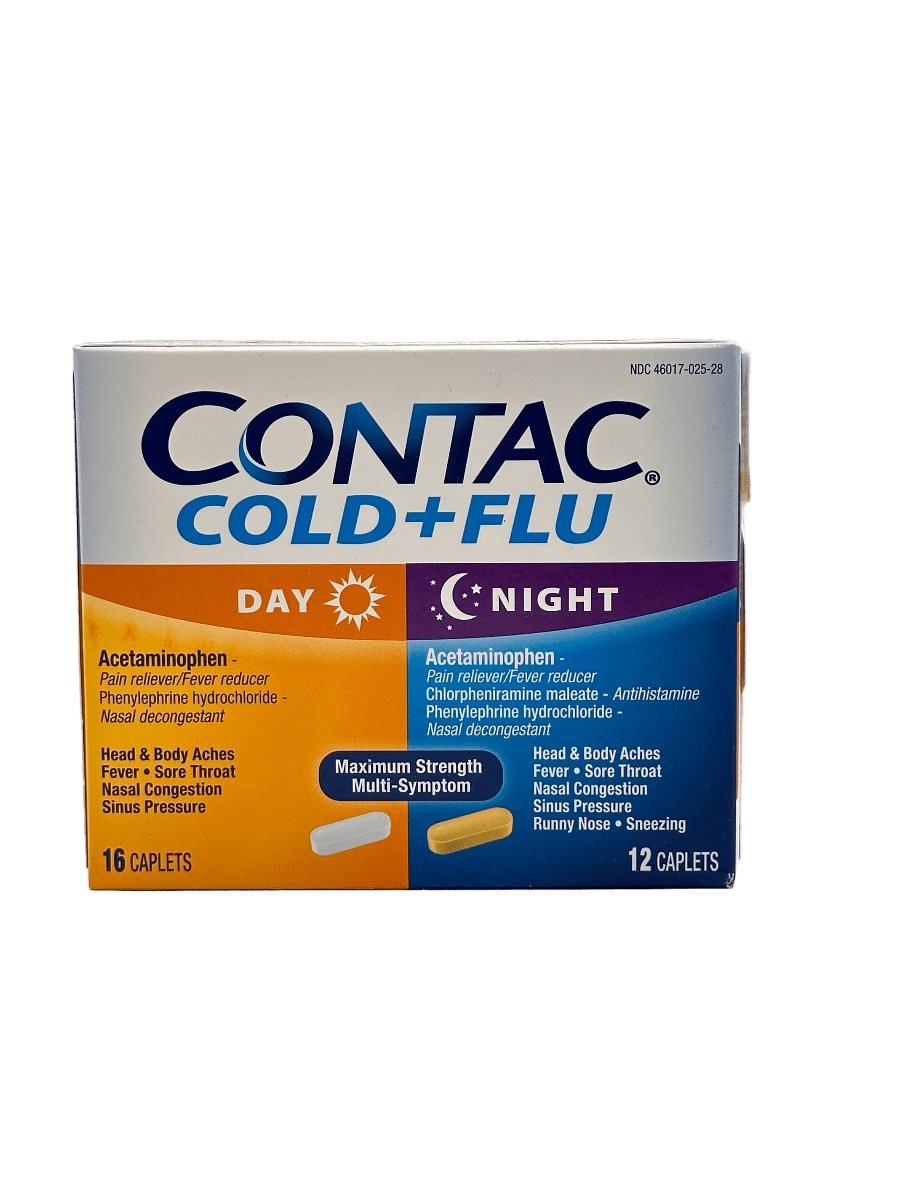 Contac Cold + Flu – Maximum Strength Multi-Symptom – Day 16 Caplets & Night 12 Caplets