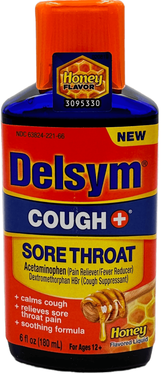 Delsym Cough & Sore Throat Syrup – Honey Flavored Liquid – 6 FL OZ