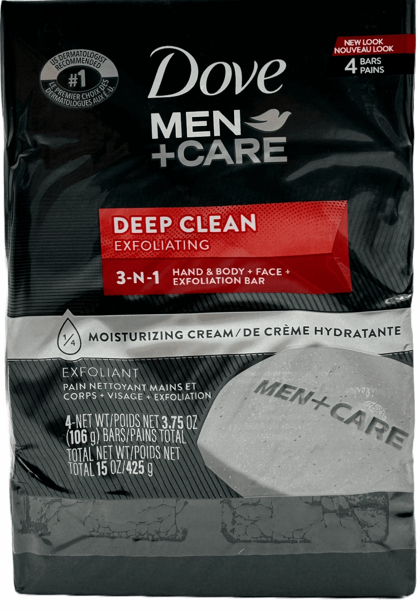 Dove Men + Care – Deep Clean Exfoliating 3-IN-1 Body And Face Soap – 4 x 3.75 OZ