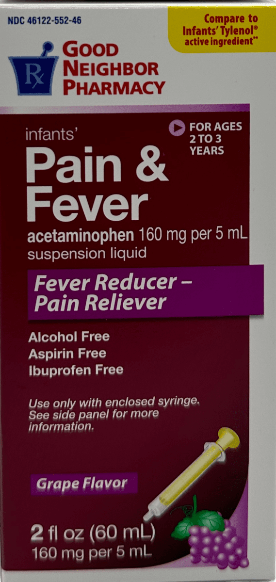 Good Neighbor Pharmacy Infants Pain & Fever Suspension Liquid – Grape Flavor – 2 FL OZ