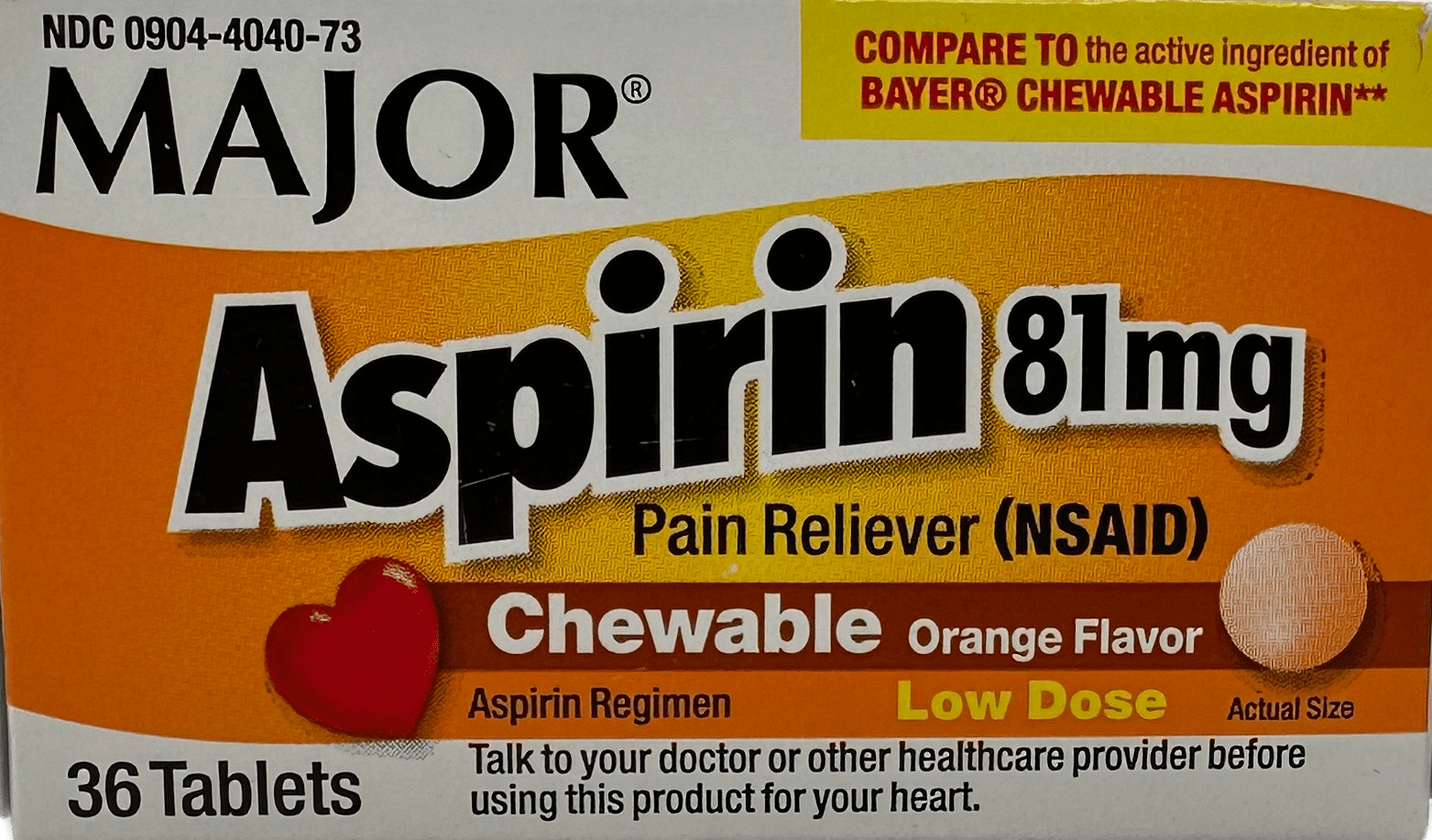 Major Aspirin 81Mg Chewable Orange Flavor – 36 Tablets