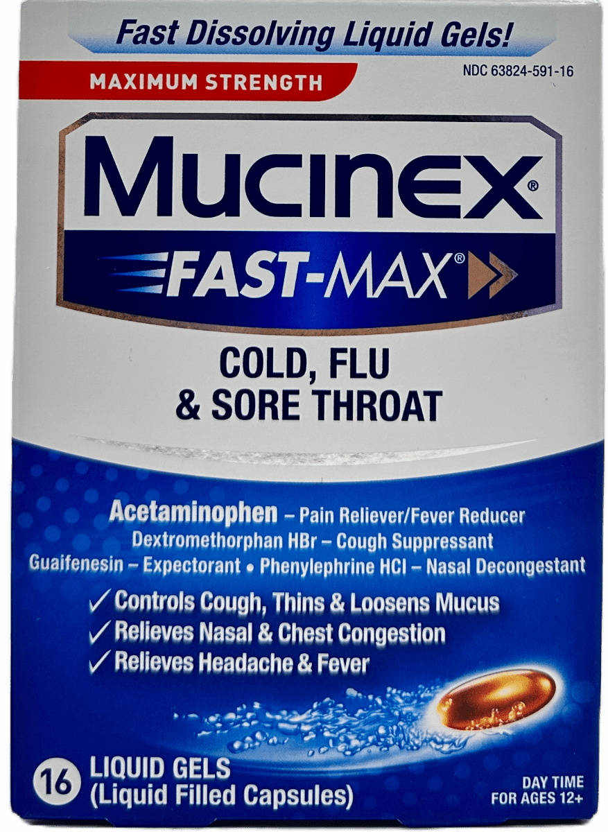Mucinex Fast Max – Cold, Flu & Sore Throat Liquid Capsules – 16 Ct