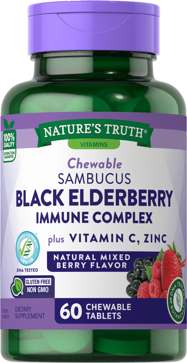 Nature’s Truth – Sambucus Black Elderberry Immune Complex Plus Vitamin C, Zinc Chewable Tablets – Natural Mixed Berry Flavor – 60 Ct