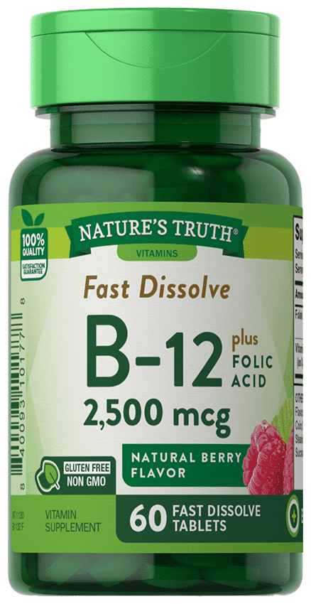 Nature’s Truth Fast Dissolve B-12 plus Folic Acid 2,500 mcg Natural Berry Flavor – 60 Tablets