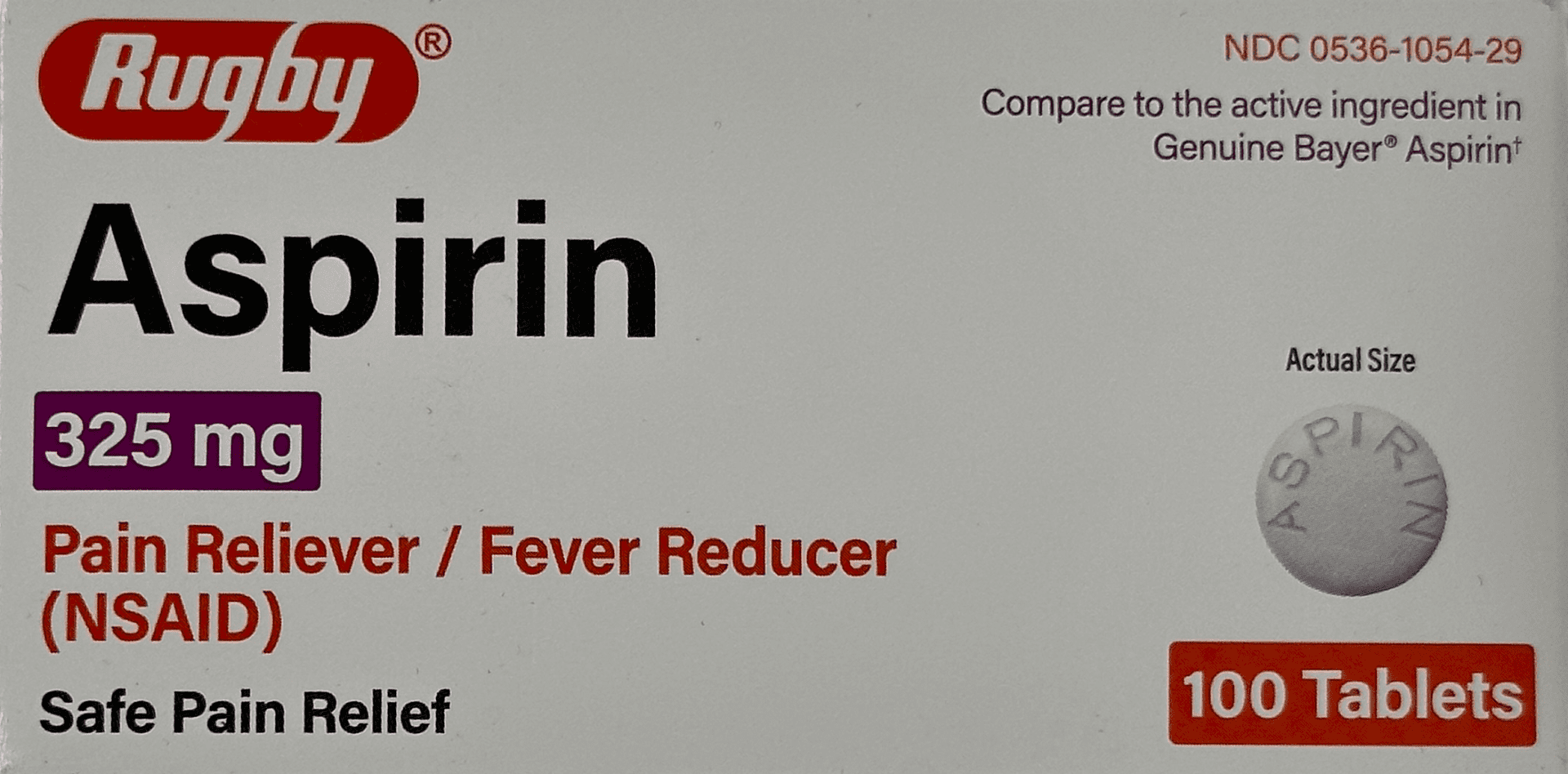 Rugby Aspirin Pain Reliever 325 mg – 100 Tablets