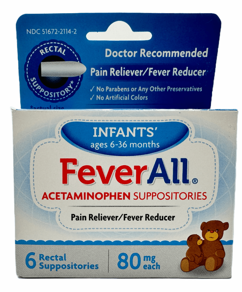 Infants FeverAll Acetaminophen Suppositories – 80 mg each- 6 Rectal Suppositories